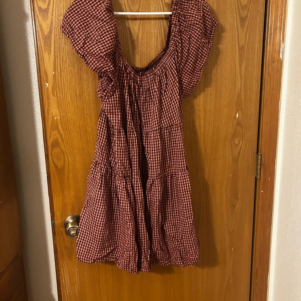 Old Navy Burgundy Gingham Tiered Mini Dress